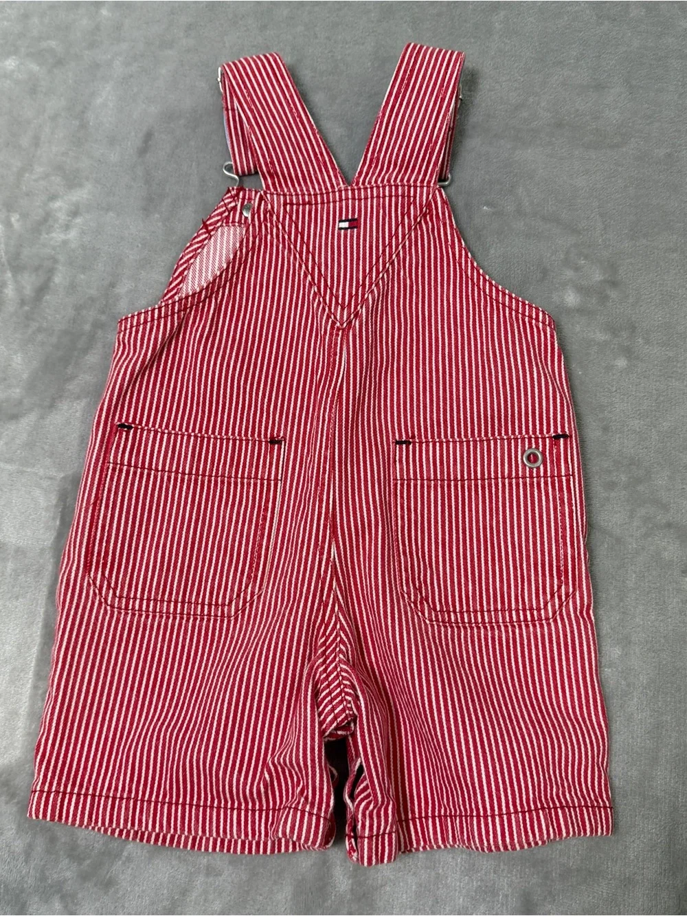 Vintage Y2K Tommy Hilfiger Baby Denim Pinstripe Overalls Size 6-12 Months Red
